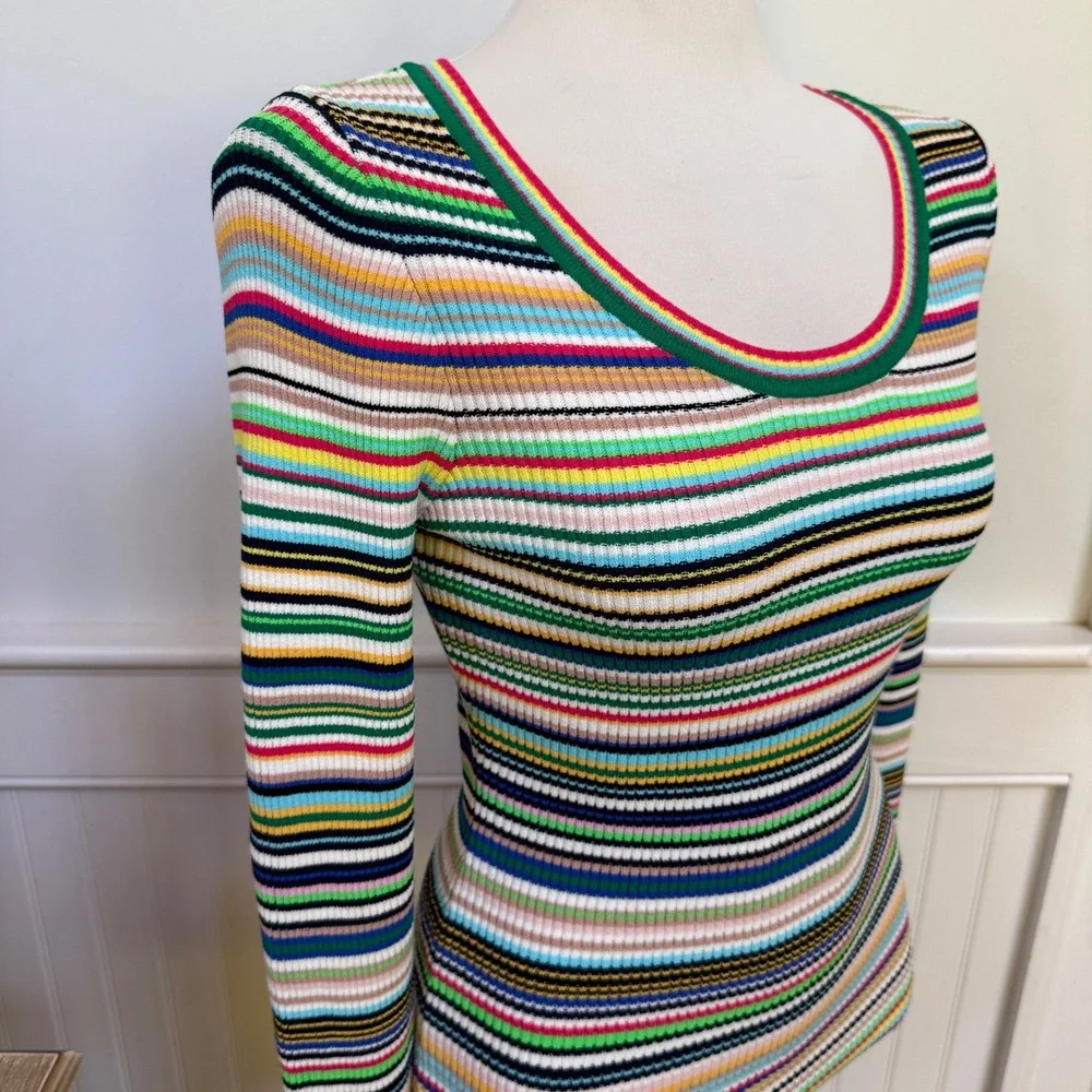 Milly Womens Multicolor Striped Ribbed Knit Scoop Neck Bell Sleeve Top Small - Picture 2 of 8